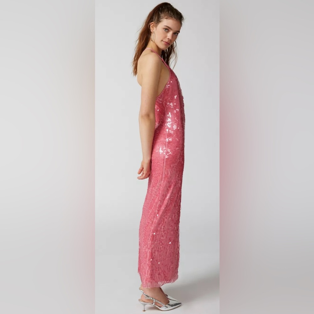 UO *Harley* All Over Sequin Halter Maxi Dress In Coral. NWOT